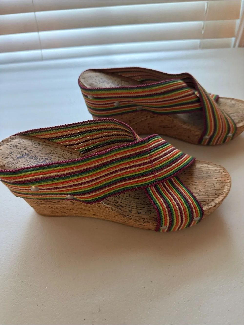 Lucky Brand Multicolor Striped Wedge Sandals with Pink Trim